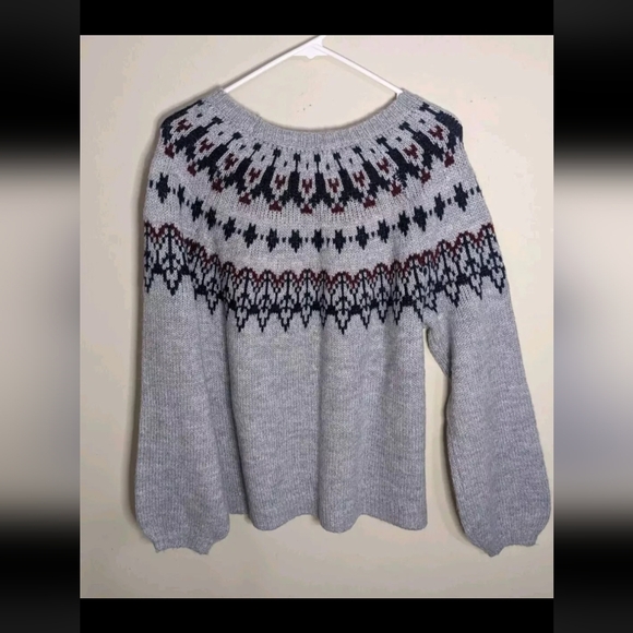 Old Navy Women's Large Sweater Balloon Sleeve Grey Fair Isle - Picture 6 of 7